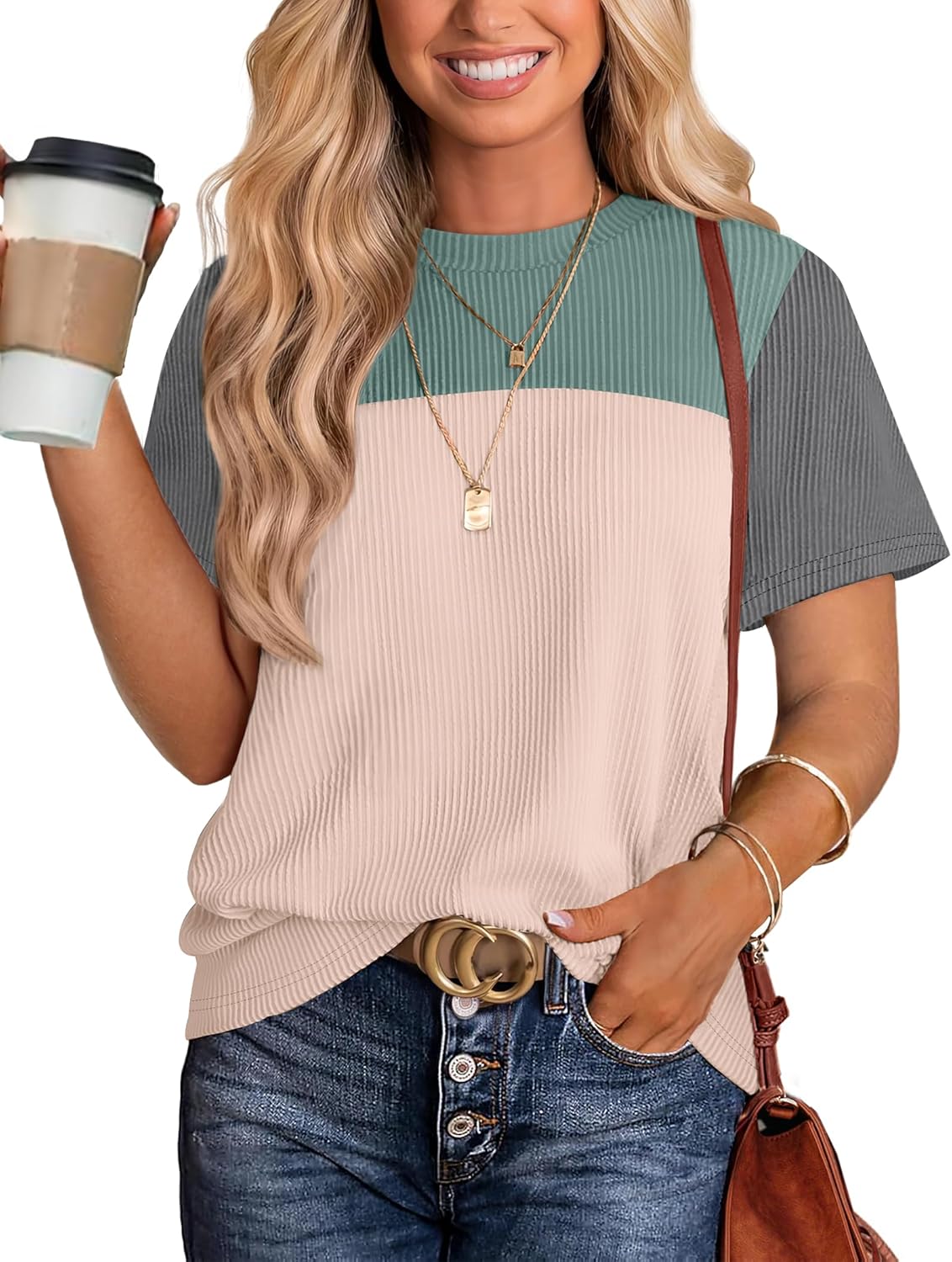 Womens Fashion 2025 Color Block Shirts Short Sleeve Crewneck Knitted Spring Summer Tops Casual Trendy