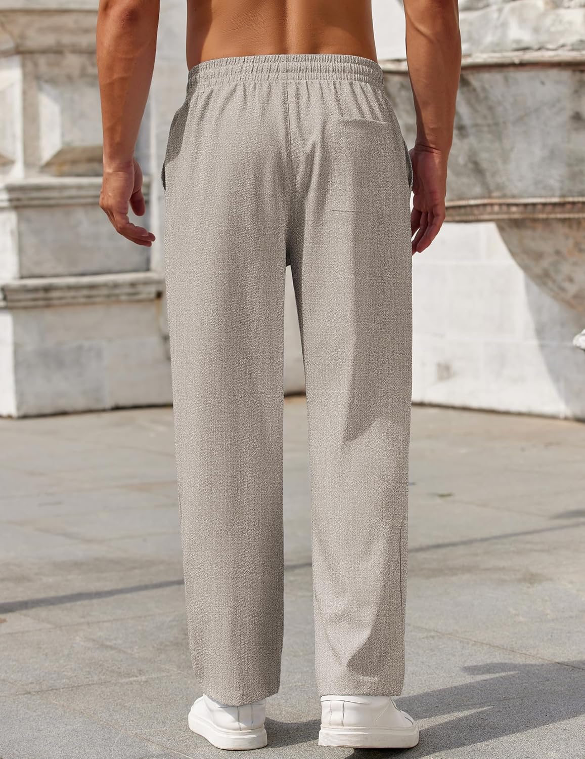 Mens Casual Pants Drawstring Elastic Waist Pants Linen Summer Beach Pants