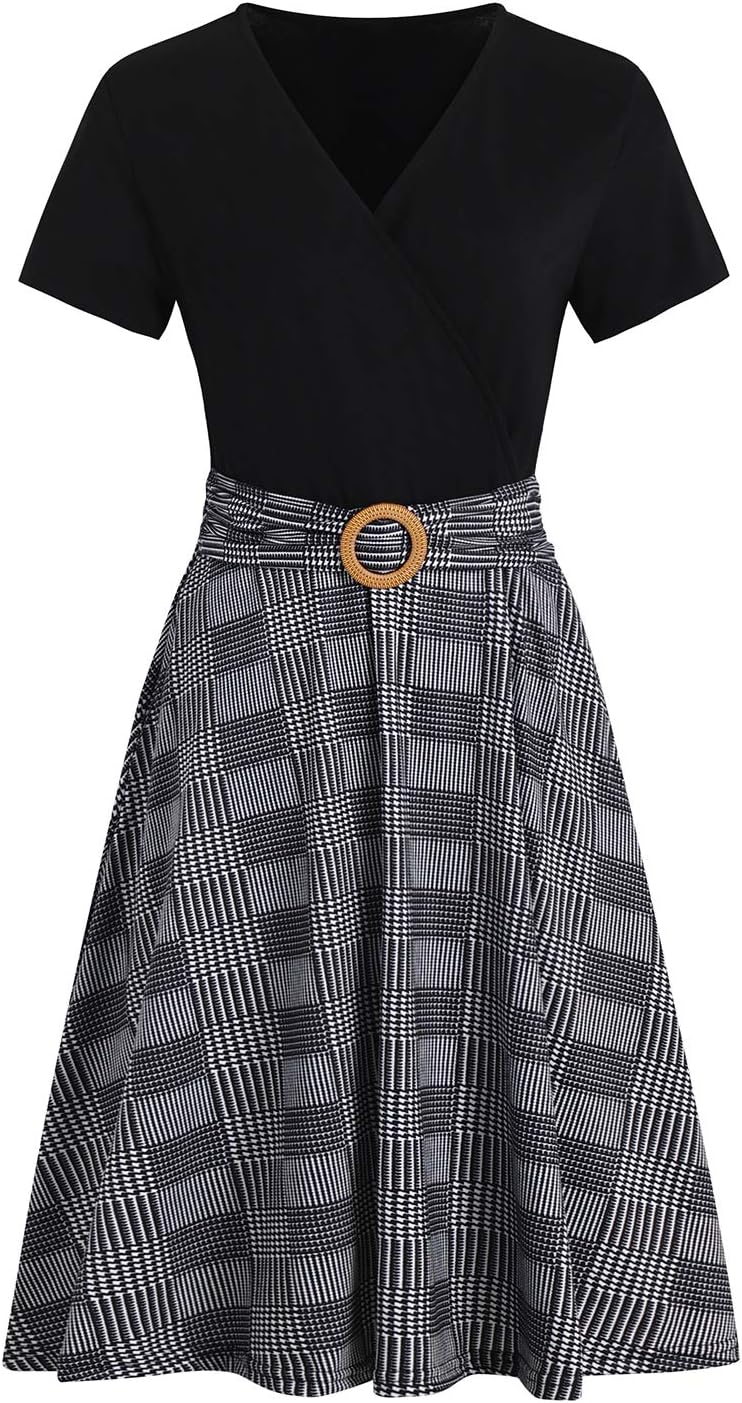 Women's Elegant Criss-Cross V Neck Vintage Short Sleeve Work Casual Fit and Flare Tea Dress with Pockets