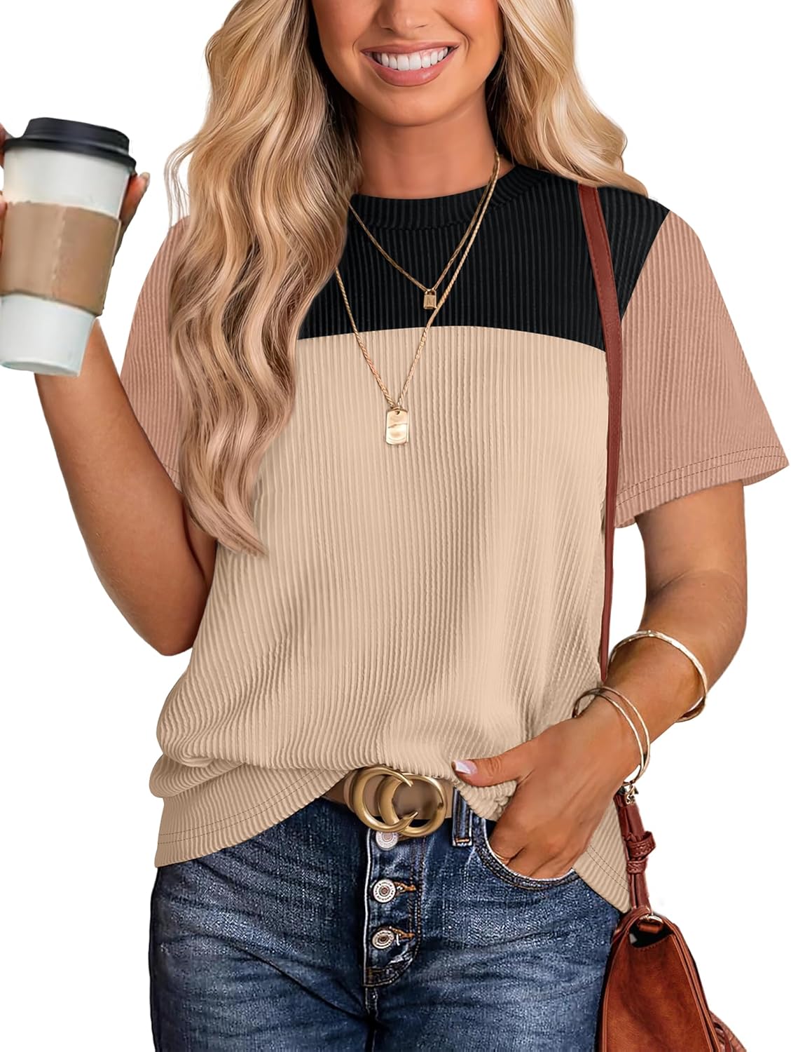 Womens Fashion 2025 Color Block Shirts Short Sleeve Crewneck Knitted Spring Summer Tops Casual Trendy