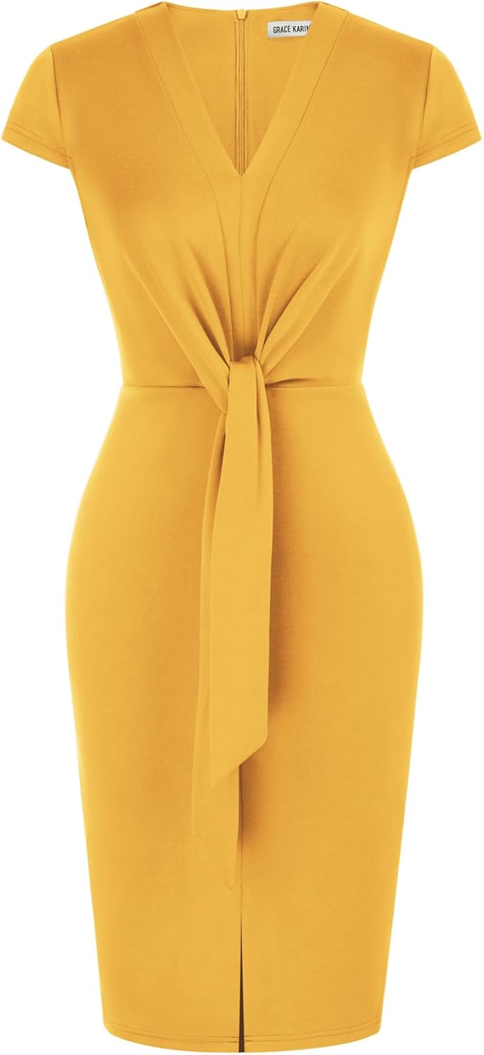 Women's Summer Midi Dresses Cap Sleeve Tie Waist Work Dress Slit V-Neck Bodycon Dress Business Casual Outfits