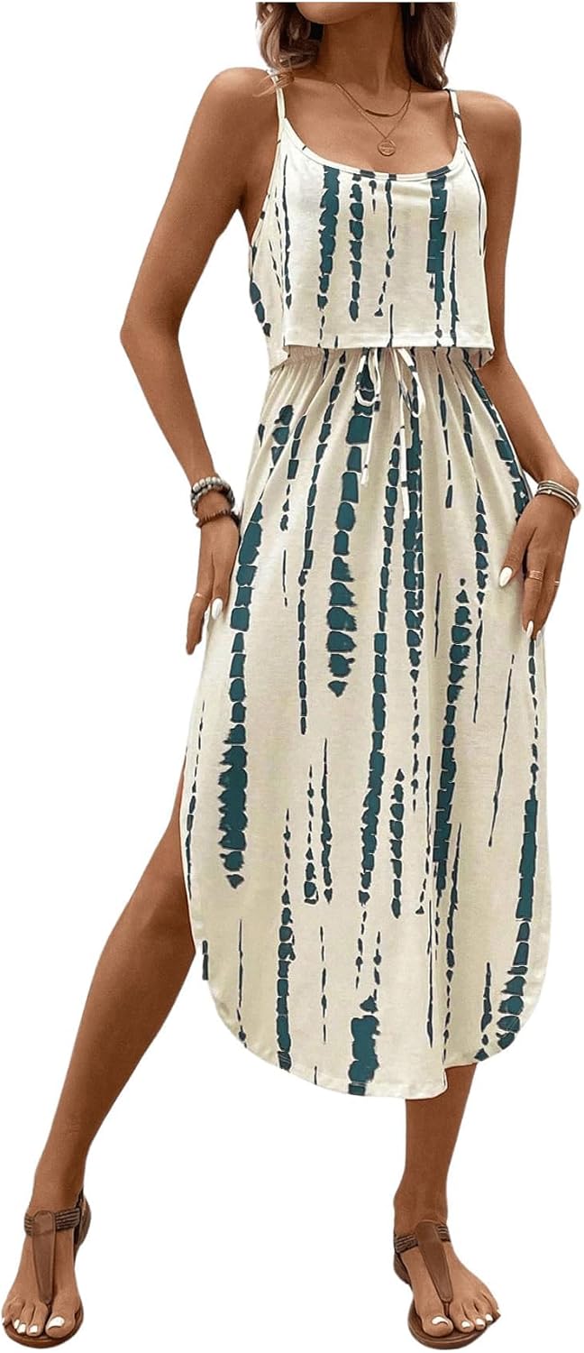Women's Spaghetti Strap Tie Dye Cami Dress Scoop Neck Split Thigh Midi Dresses Knot Front Sun Dresses