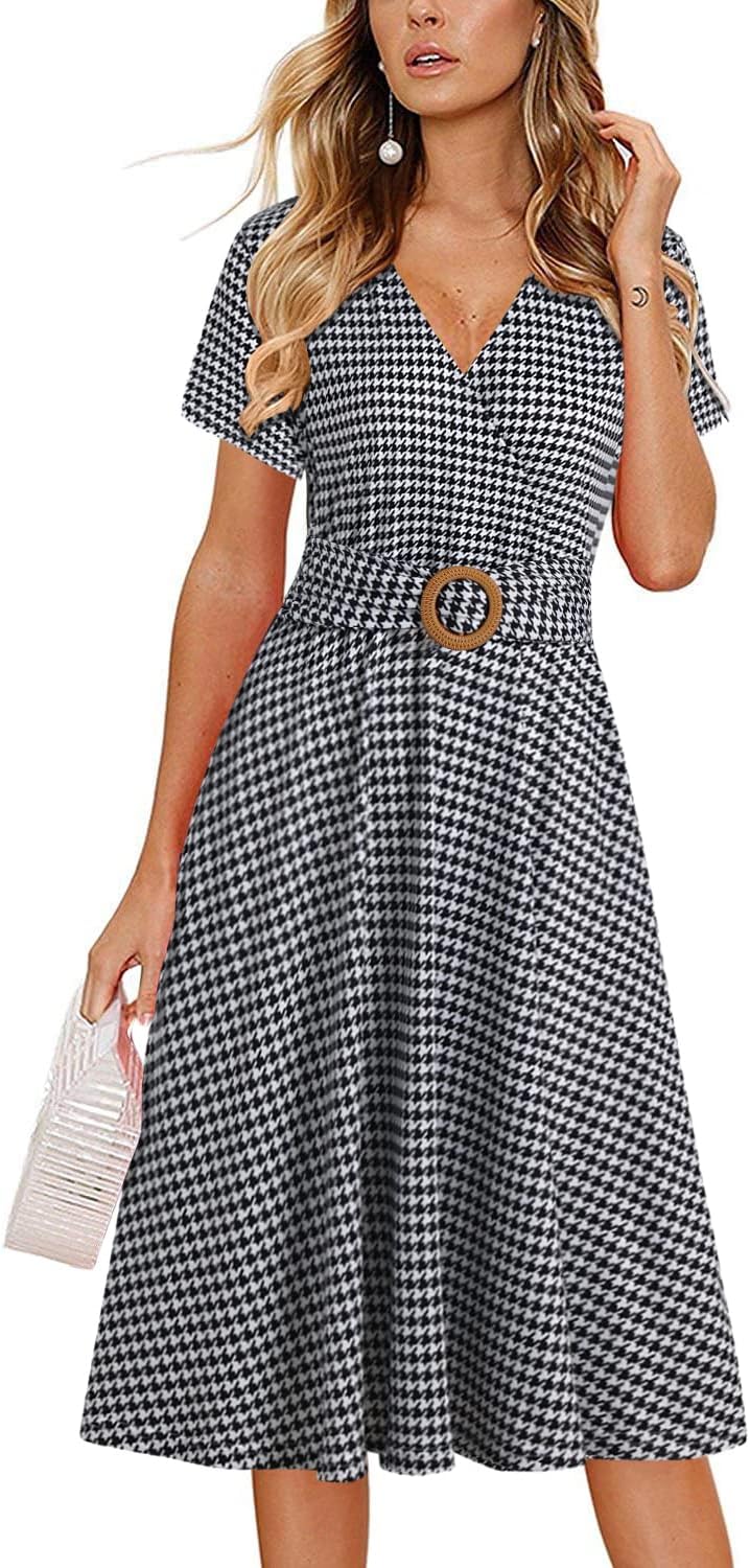 Women's Elegant Criss-Cross V Neck Vintage Short Sleeve Work Casual Fit and Flare Tea Dress with Pockets