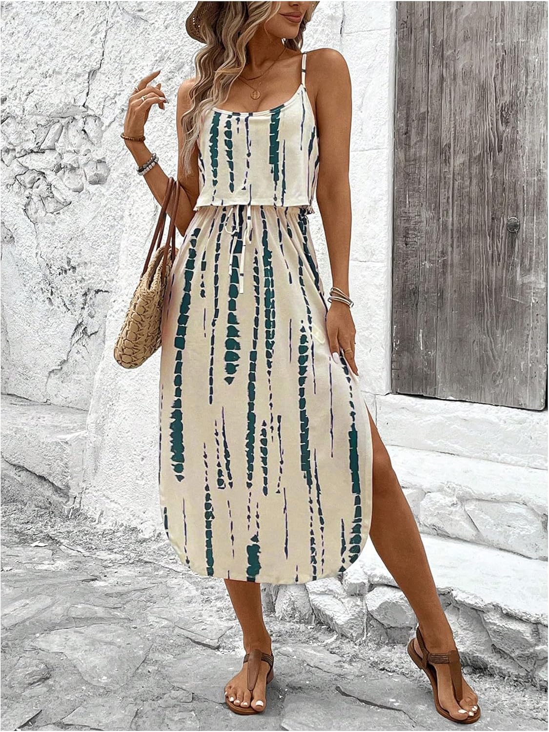 Women's Spaghetti Strap Tie Dye Cami Dress Scoop Neck Split Thigh Midi Dresses Knot Front Sun Dresses