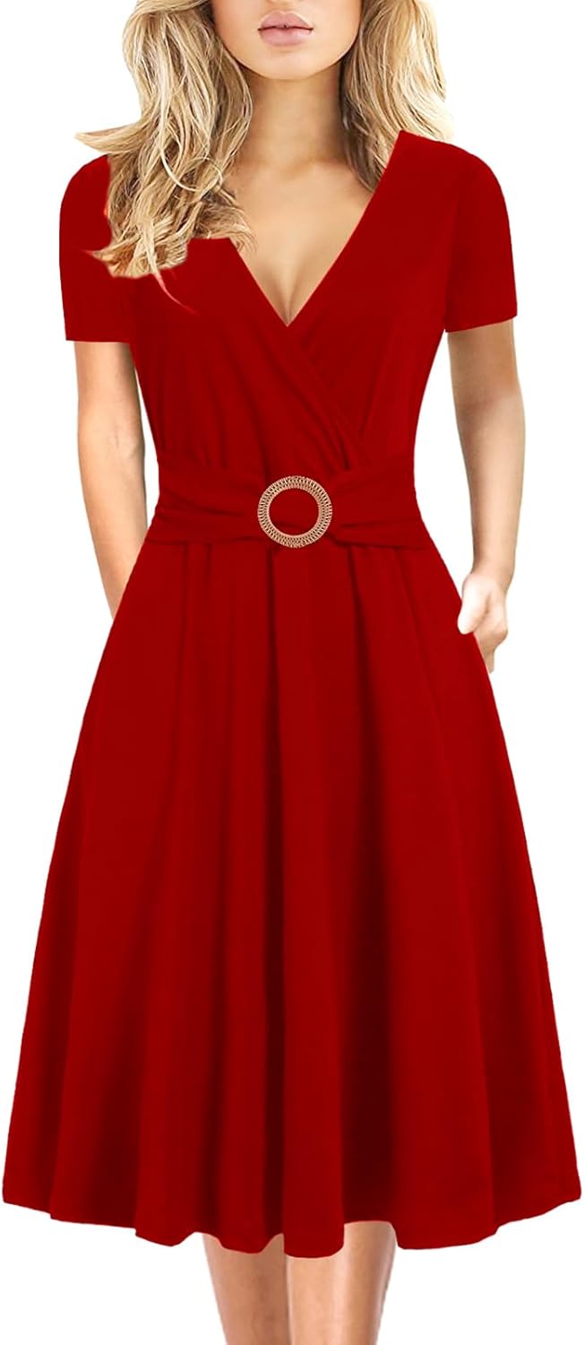Women's Elegant Criss-Cross V Neck Vintage Short Sleeve Work Casual Fit and Flare Tea Dress with Pockets