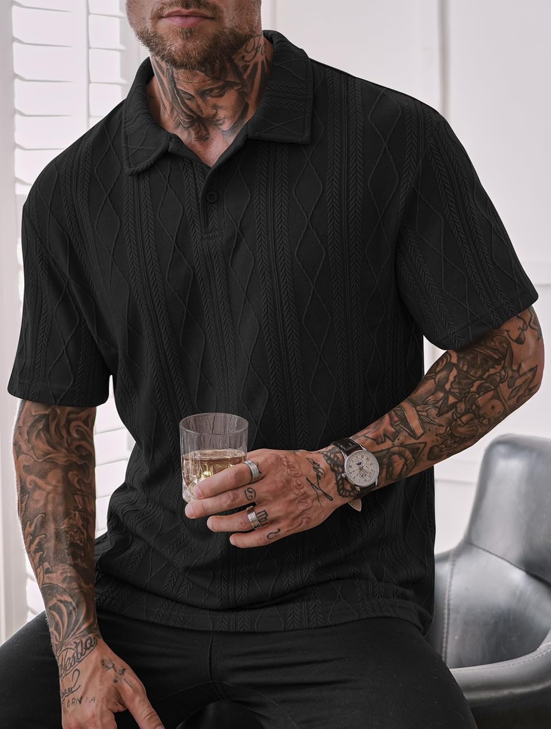 Mens Textured Knit Polo Shirts Loose Fit Stretch Casual Summer Collared Shirt (S-XXL)