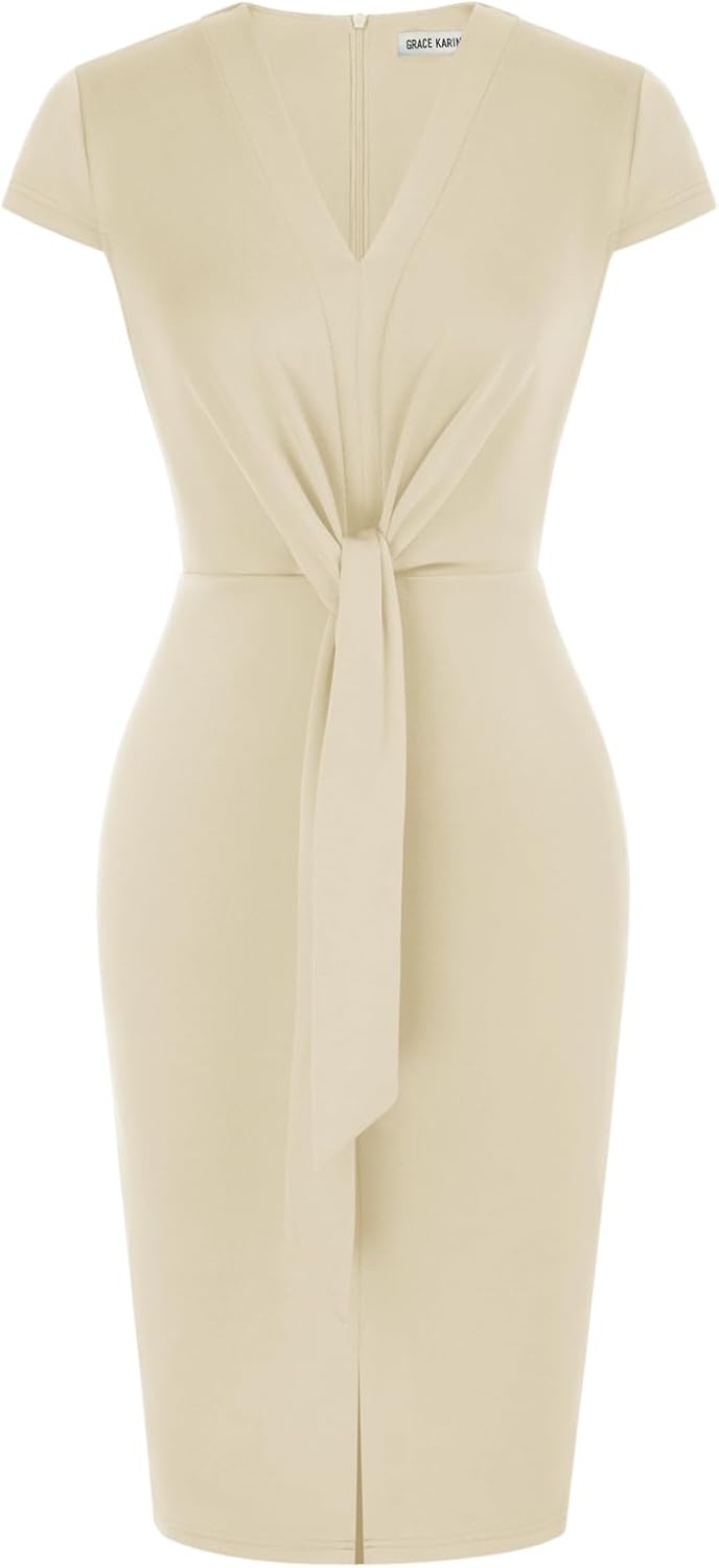 Women's Summer Midi Dresses Cap Sleeve Tie Waist Work Dress Slit V-Neck Bodycon Dress Business Casual Outfits