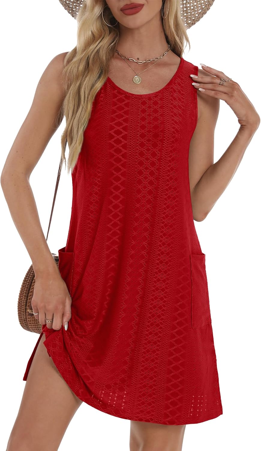 Summer Dresses for Women 2025 Eyelet Casual Loose Sleeveless Sundresses Tank Dresses with Pockets