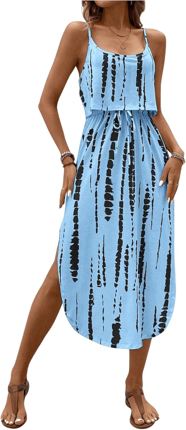 Women's Spaghetti Strap Tie Dye Cami Dress Scoop Neck Split Thigh Midi Dresses Knot Front Sun Dresses