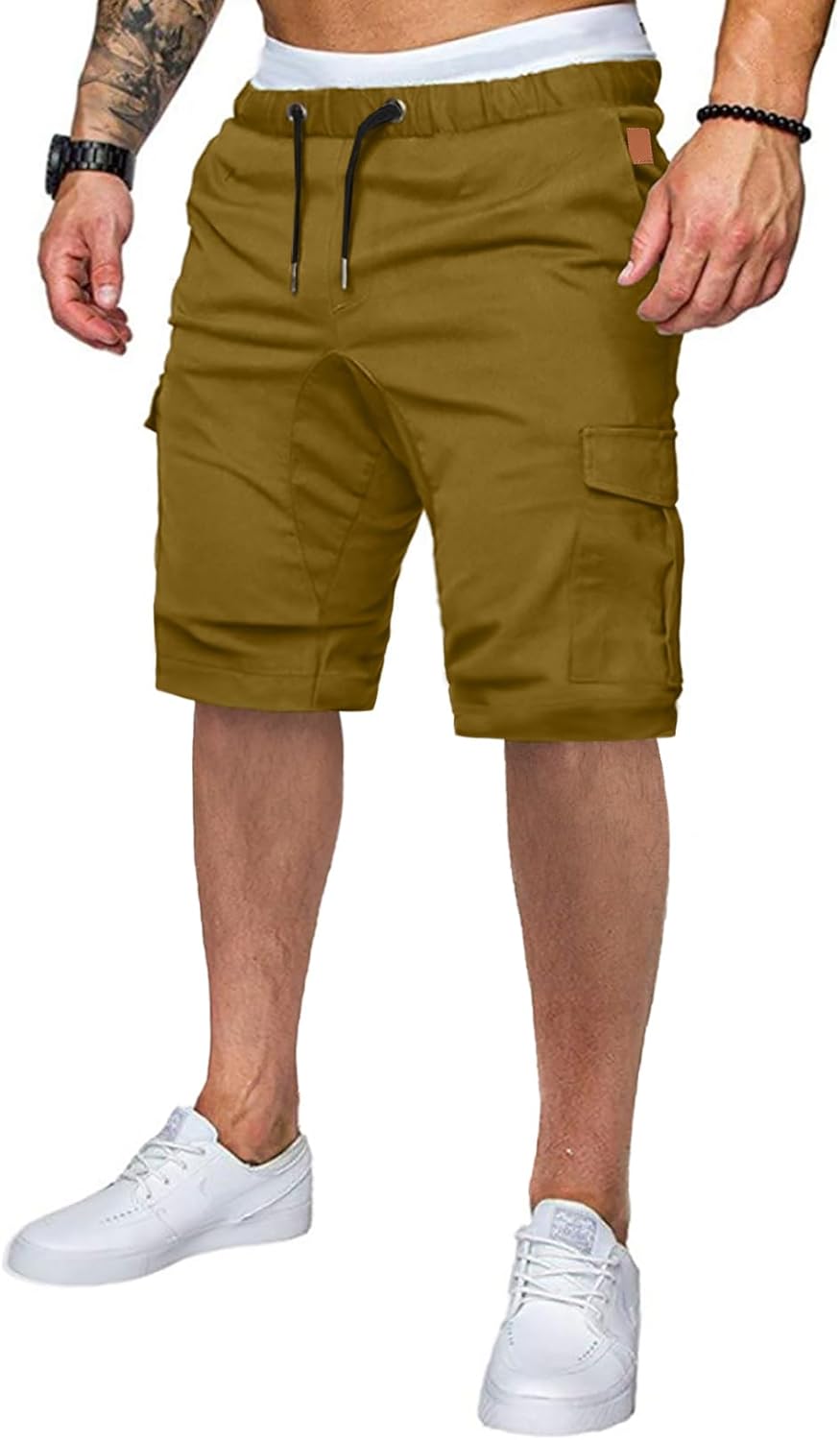 Mens Casual Cargo Shorts - Cotton Drawstring Stretch Summer Beach Shorts Twill Chino Short with 6 Pockets