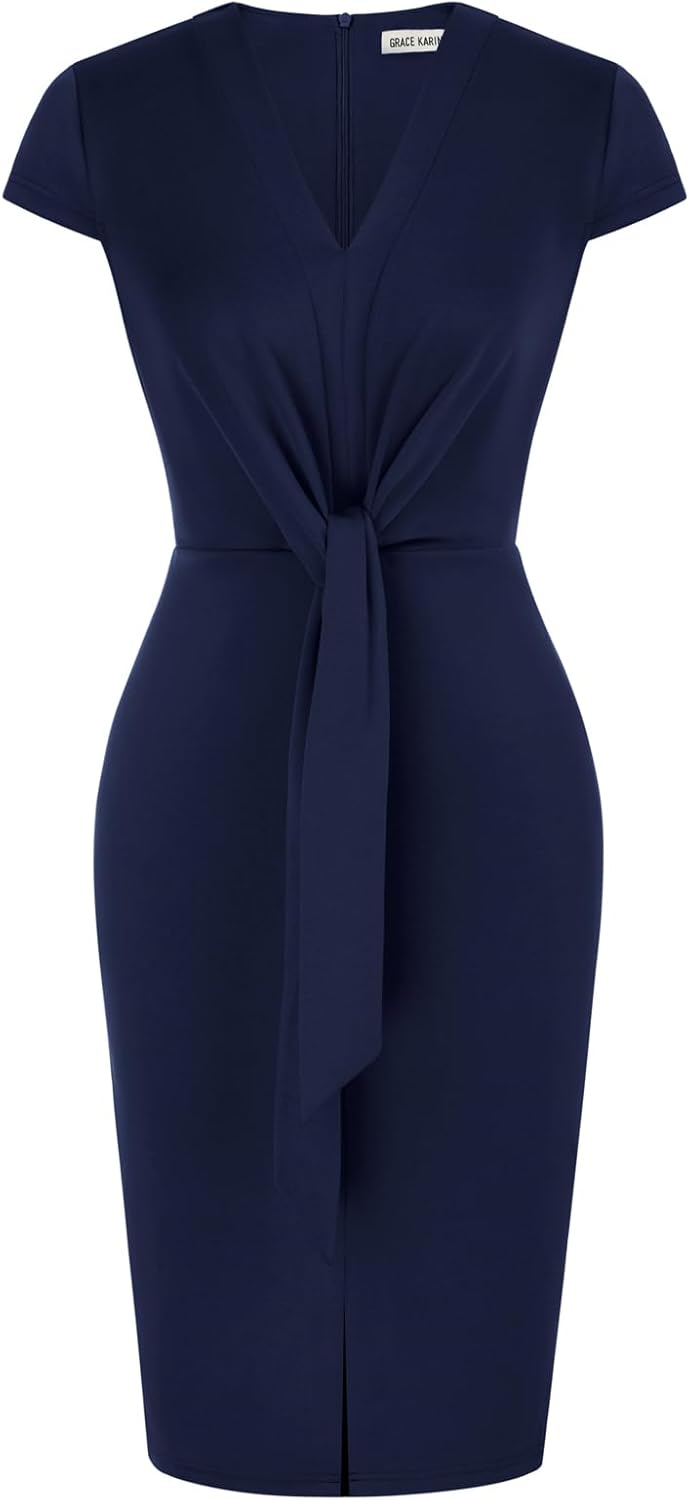 Women's Summer Midi Dresses Cap Sleeve Tie Waist Work Dress Slit V-Neck Bodycon Dress Business Casual Outfits