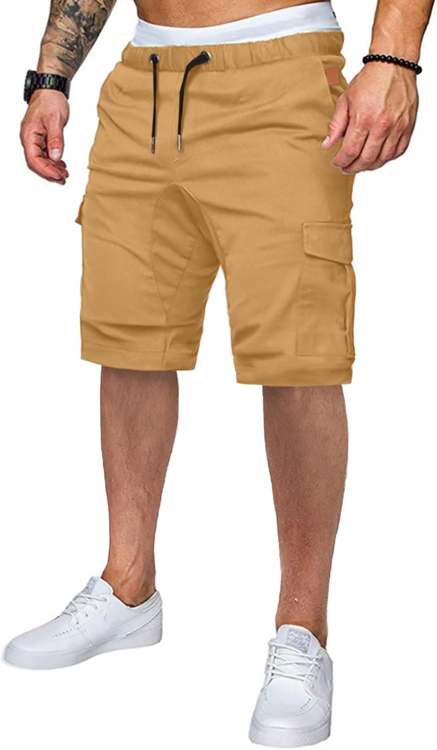 Mens Casual Cargo Shorts - Cotton Drawstring Stretch Summer Beach Shorts Twill Chino Short with 6 Pockets