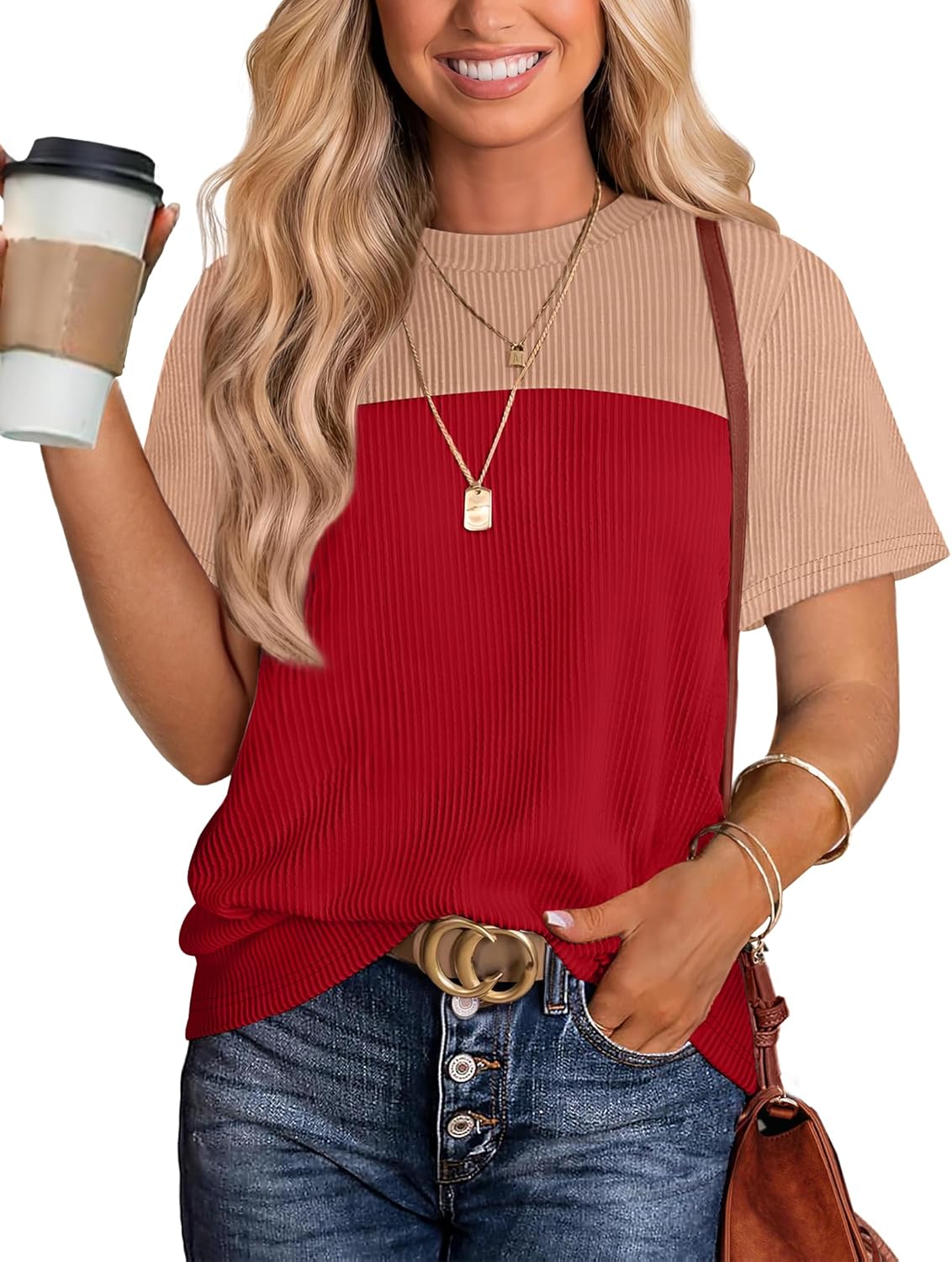 Womens Fashion 2025 Color Block Shirts Short Sleeve Crewneck Knitted Spring Summer Tops Casual Trendy