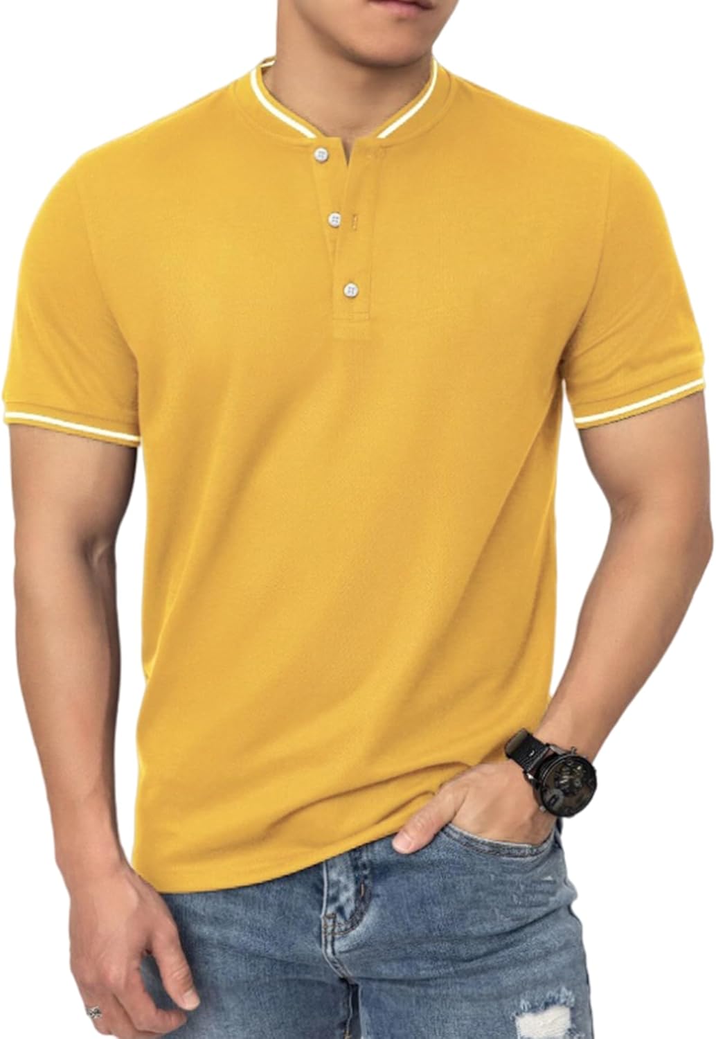 Men's Polo Shirts Casual Short Sleeve Cotton Pique Polo T Shirts Classic Collarless Golf Shirts for Men