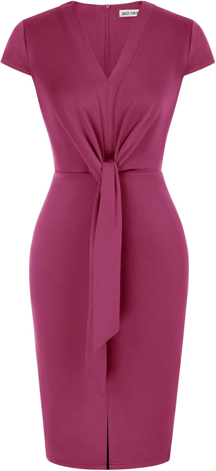 Women's Summer Midi Dresses Cap Sleeve Tie Waist Work Dress Slit V-Neck Bodycon Dress Business Casual Outfits