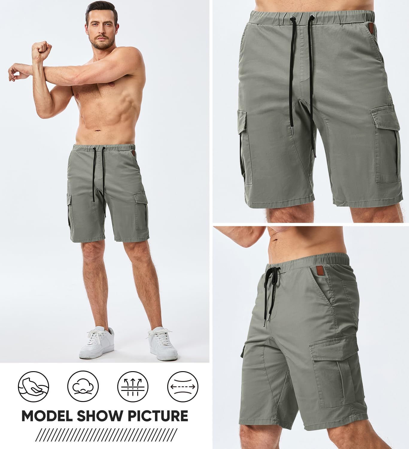 Mens Casual Cargo Shorts - Cotton Drawstring Stretch Summer Beach Shorts Twill Chino Short with 6 Pockets