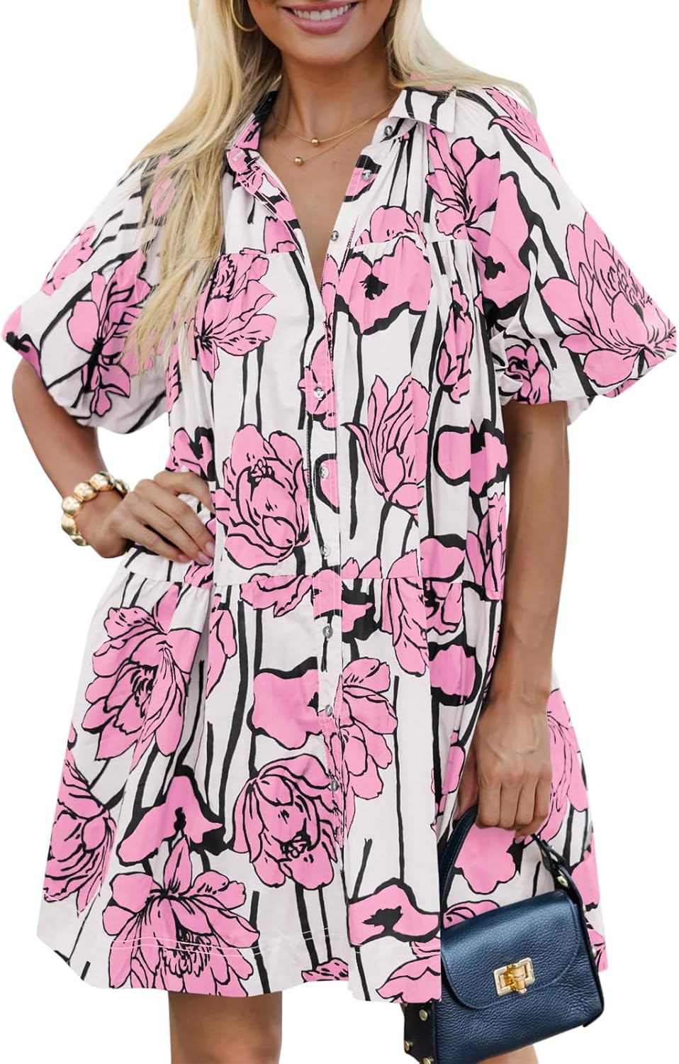 Women's Summer Button Down Shirt Dress Floral Puff Short Sleeve Casual Loose Fit Beach Mini Dresses