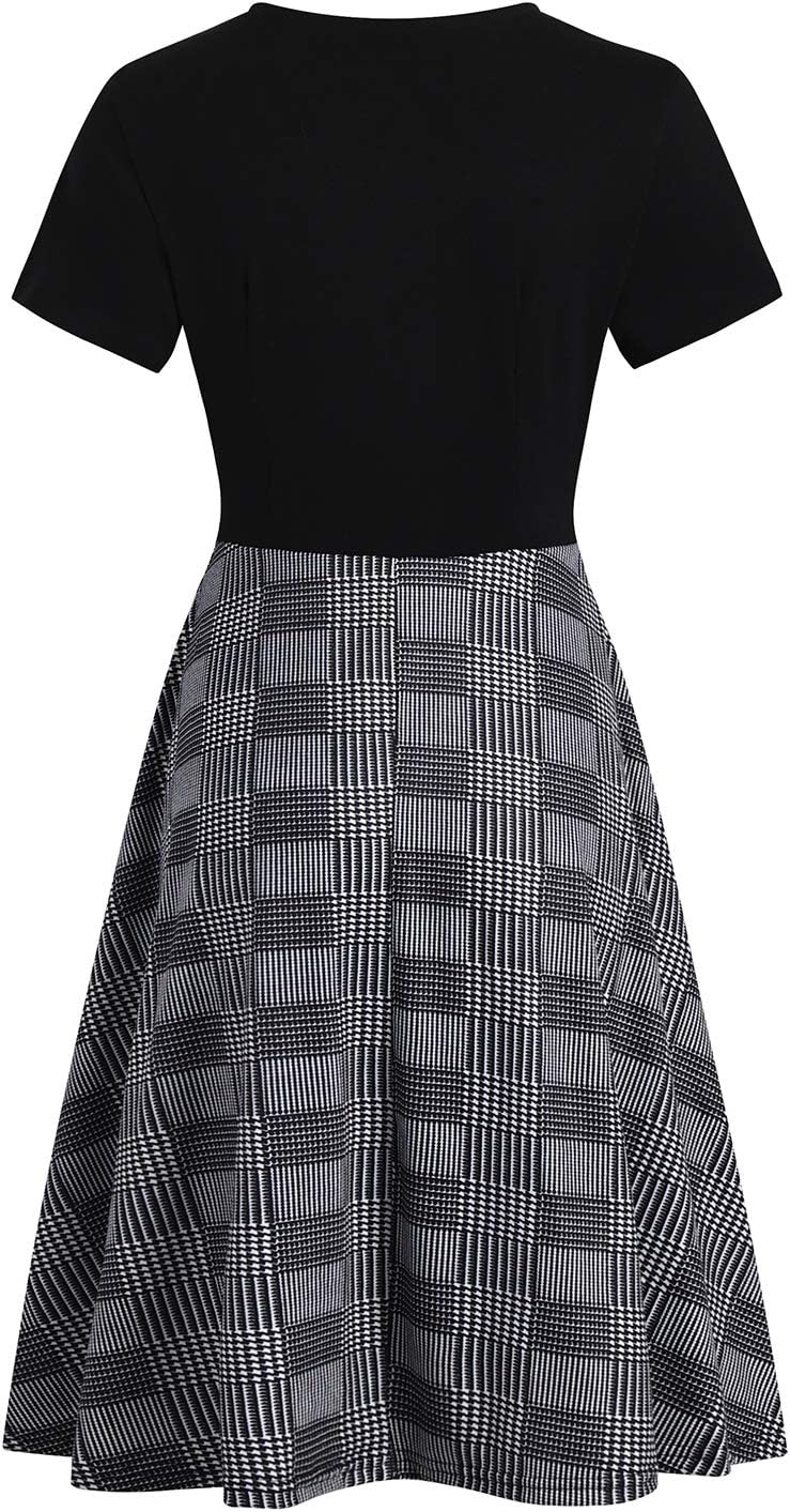 Women's Elegant Criss-Cross V Neck Vintage Short Sleeve Work Casual Fit and Flare Tea Dress with Pockets