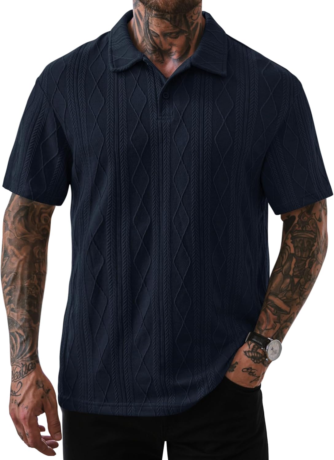 Mens Textured Knit Polo Shirts Loose Fit Stretch Casual Summer Collared Shirt (S-XXL)