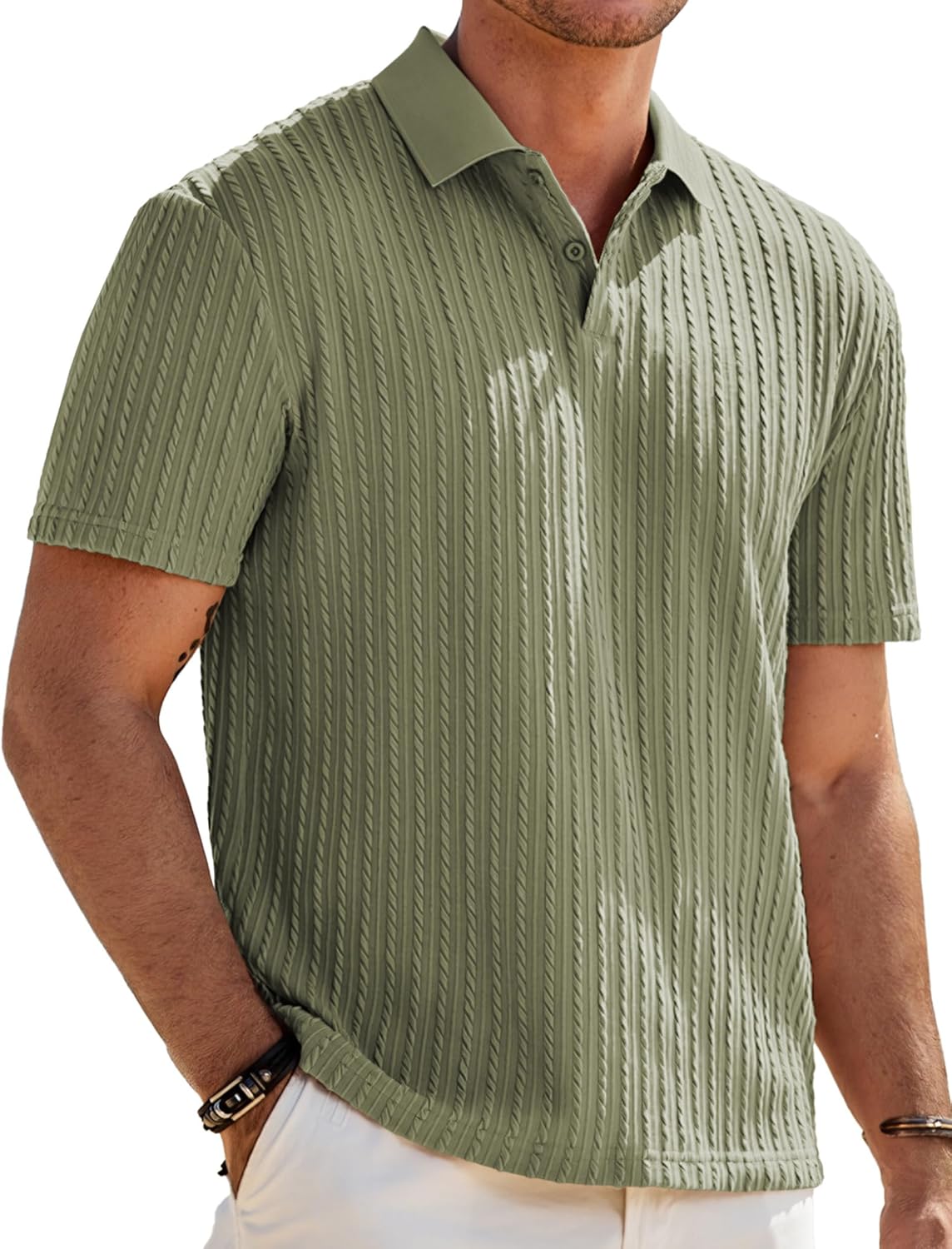 Mens Casual Polo Shirt Summer Short Sleeve Vacation Button Beach Knit Stretchy Golf Shirts
