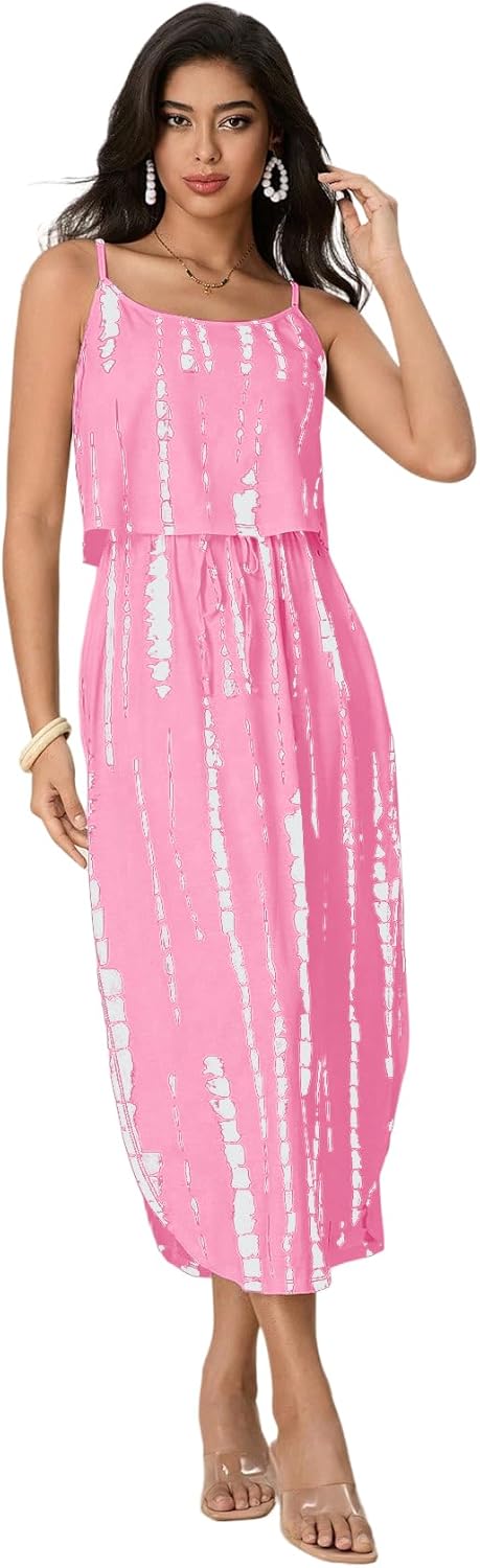 Women's Spaghetti Strap Tie Dye Cami Dress Scoop Neck Split Thigh Midi Dresses Knot Front Sun Dresses