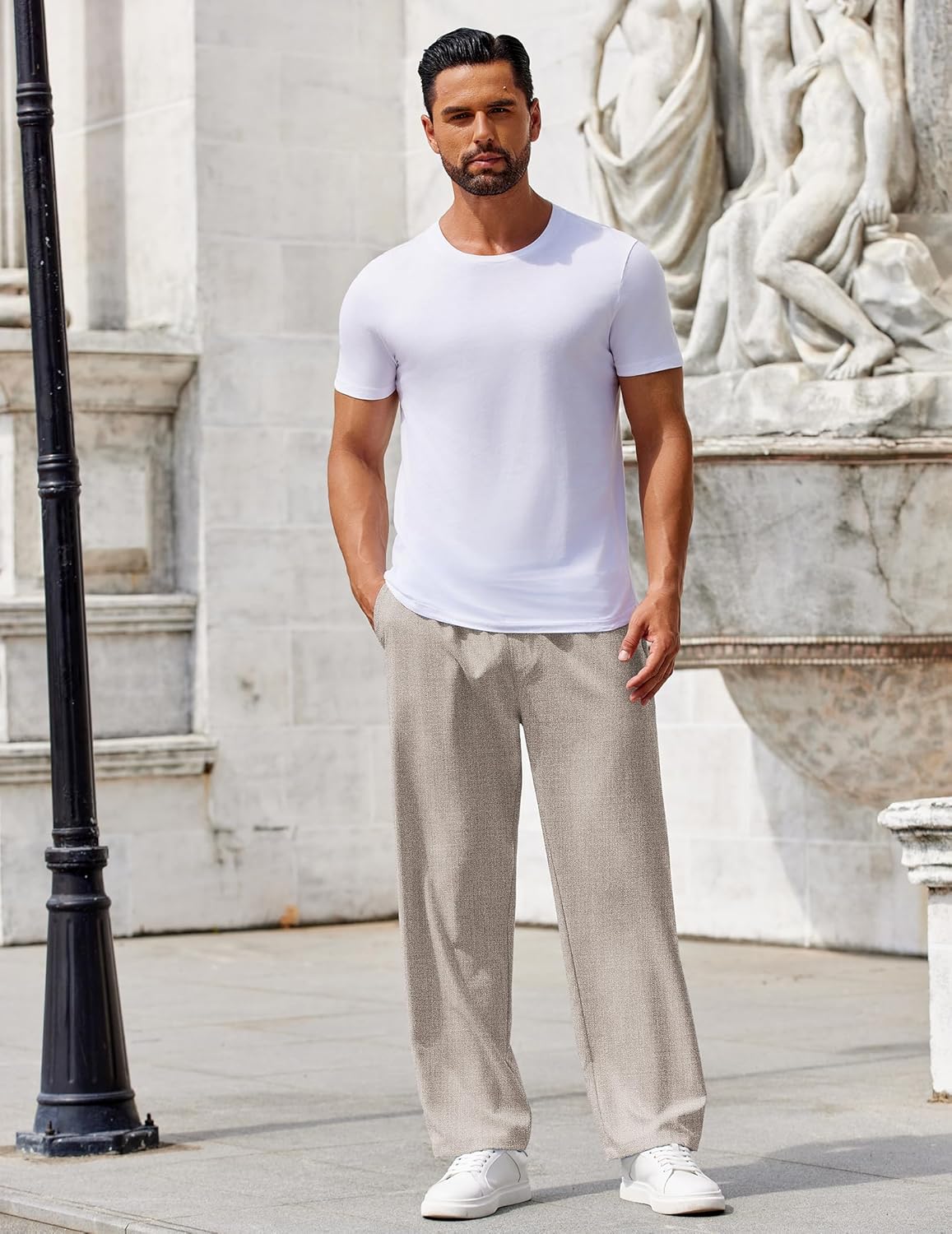 Mens Casual Pants Drawstring Elastic Waist Pants Linen Summer Beach Pants