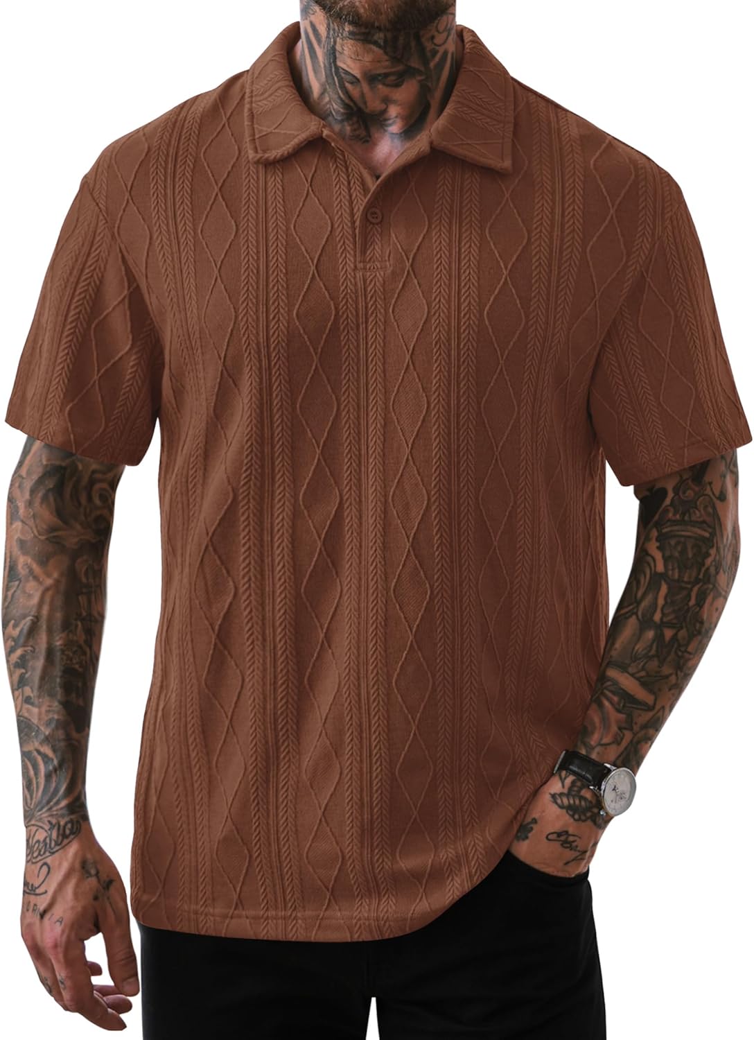 Mens Textured Knit Polo Shirts Loose Fit Stretch Casual Summer Collared Shirt (S-XXL)