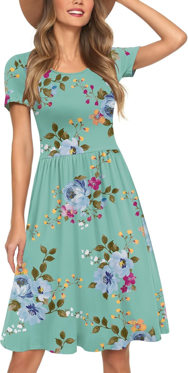 Womens Short Sleeve Empire Waist Dresses Casual Summer Dress with Pockets