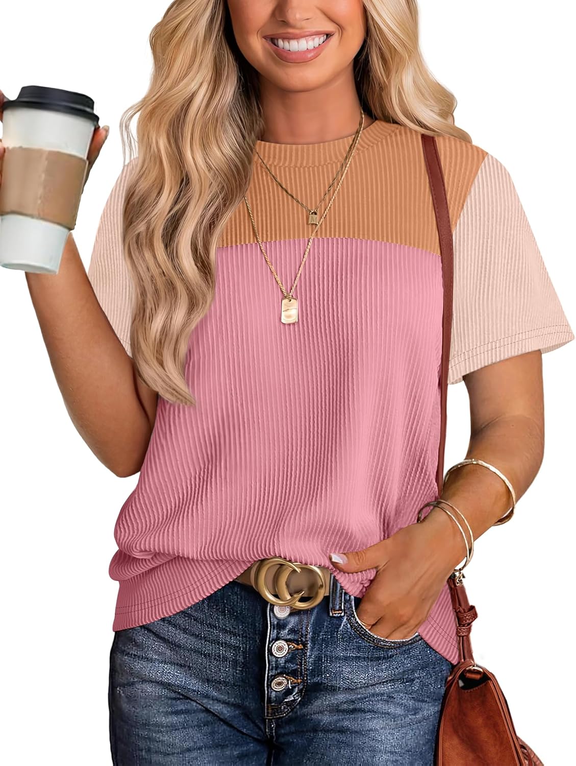 Womens Fashion 2025 Color Block Shirts Short Sleeve Crewneck Knitted Spring Summer Tops Casual Trendy