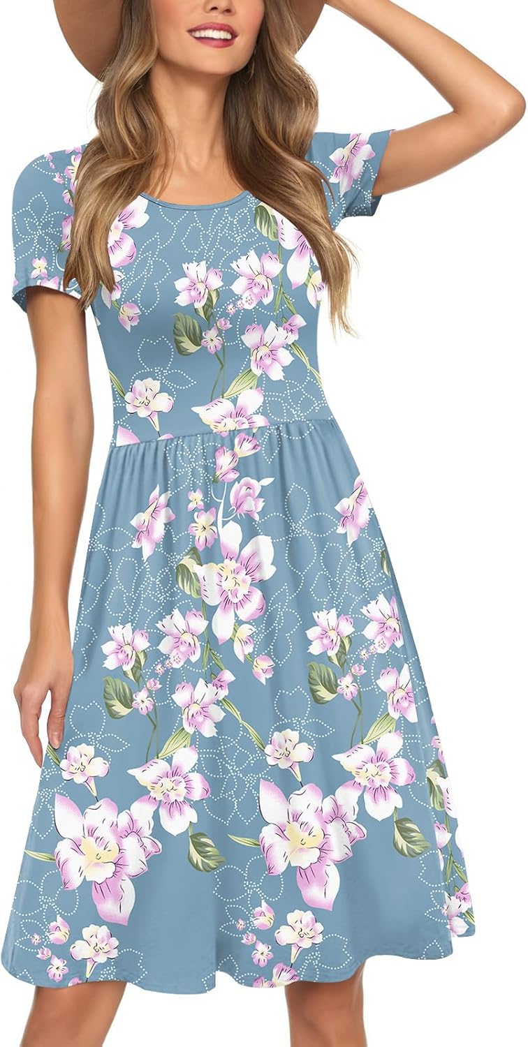 Womens Short Sleeve Empire Waist Dresses Casual Summer Dress with Pockets